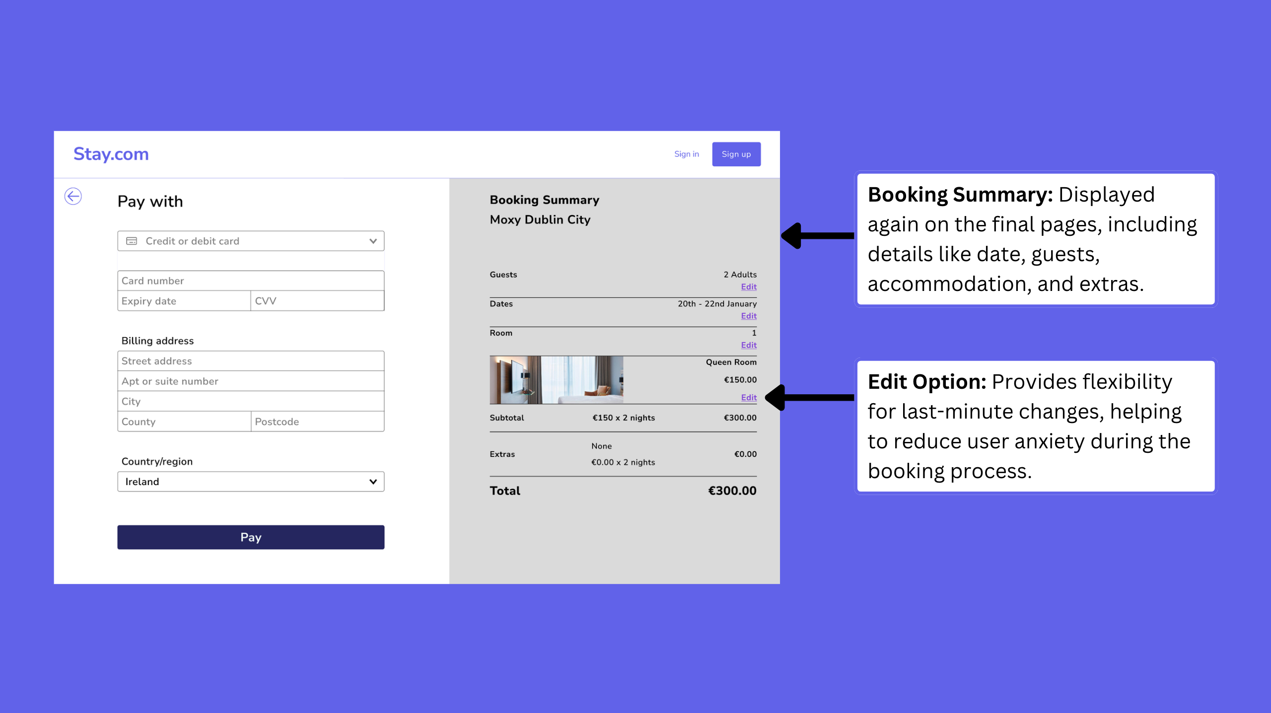 Final booking summary with editable fields for last-minute changes