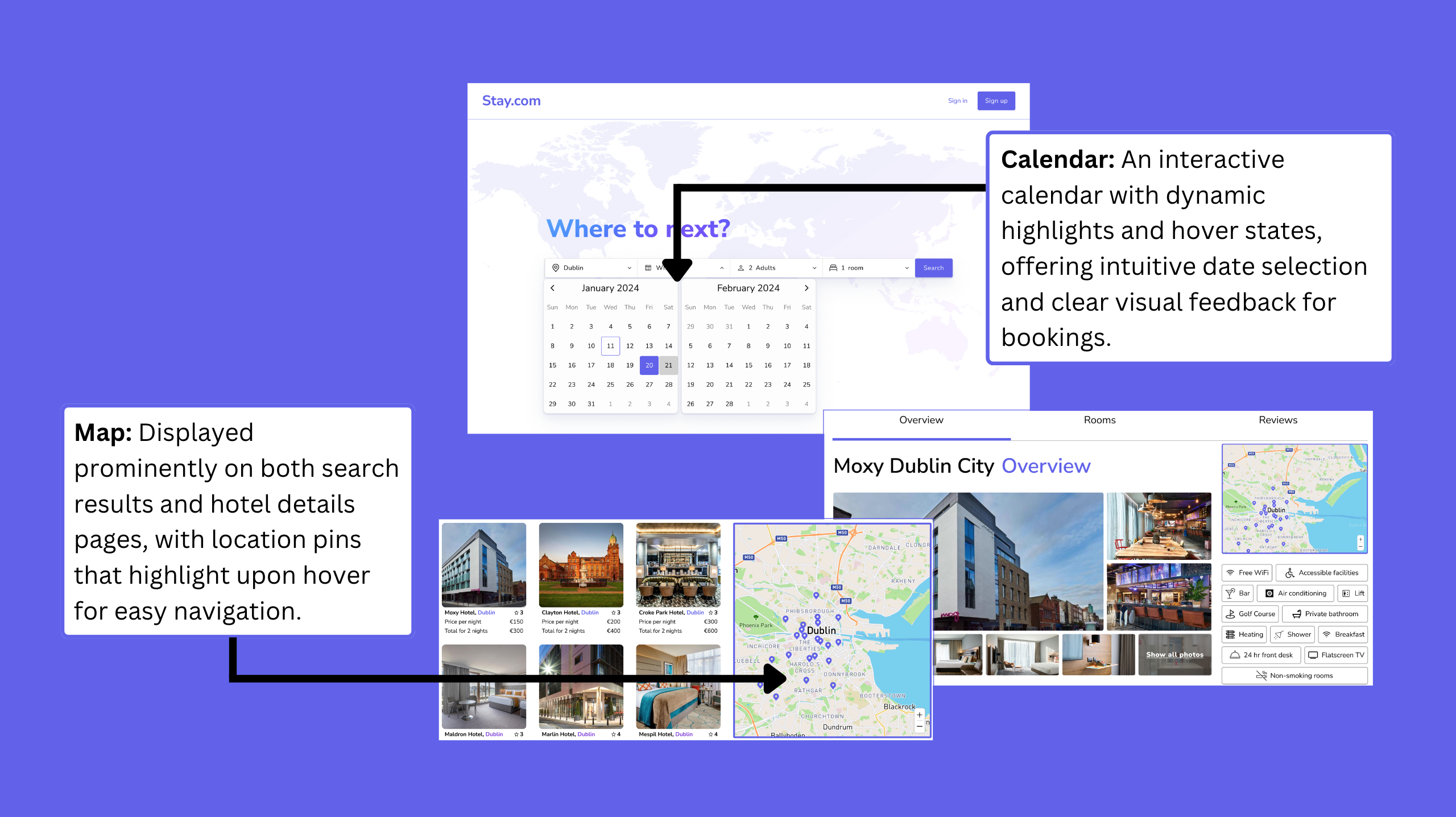 Improved search functionality with interactive calendar and map